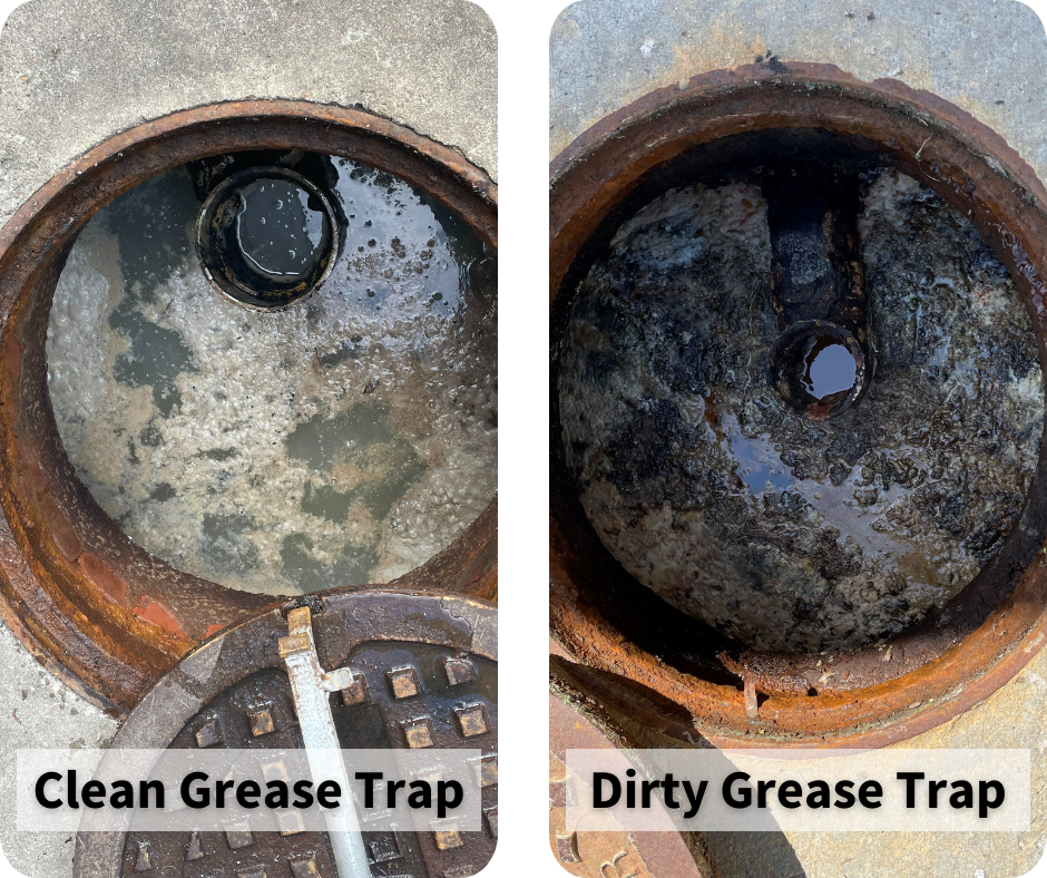 Image of a clean grease trap and an image of a dirty grease trap.